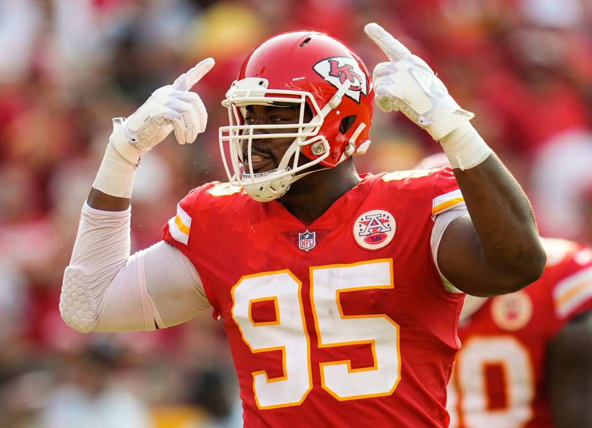 Sep 12, 2021; Kansas City, Missouri, USA; Kansas City Chiefs defensive end Chris Jones (95) reacts during the first half against the Cleveland Browns at GEHA Field at Arrowhead Stadium. Mandatory Credit: Jay Biggerstaff-USA TODAY Sports